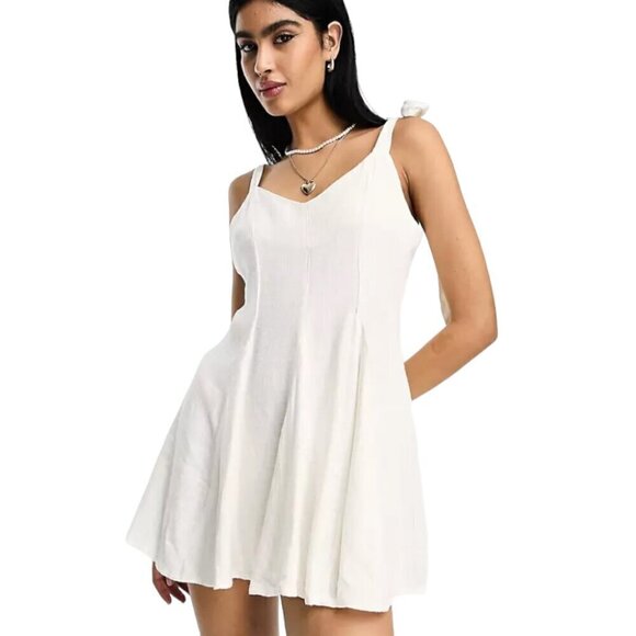 ASOS Design NWT Women's Linen Blend Mini Swing Tie Straps White Sundress Size 12 - Picture 2 of 16